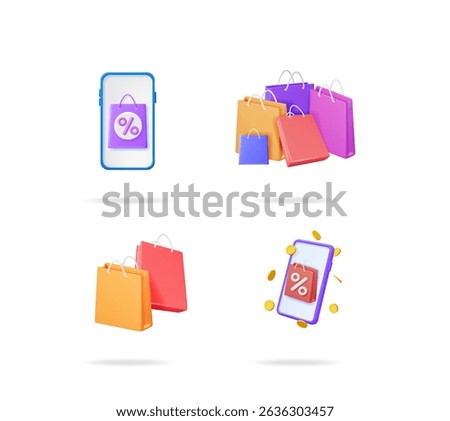 Online shopping mobile app set with smartphone, shopping bag, percent sign, and gold coin. E-commerce concept with discount offer.