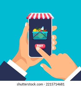 Compras en línea. Plantilla de aplicación móvil. Pantalla de teléfono con un icono del carrito de comida. Entrega de alimentos. Ilustración vectorial en un estilo moderno y plano.