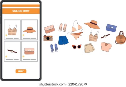 Marketing digital de concepto vectorial de aplicación móvil de compras en línea. Las vacaciones de verano en la playa con vistas horizontales. Almacena en pantalla la pantalla de iconos de la muestra de smartphone. Ilustración de vectores en estilo plano aislado en blanco