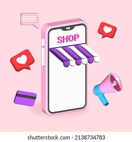 Online shopping in a mobile application 3D cartoon style ,smartphone on a pink background, mobile phone mockup,.. for smartphones 3d rendering vector