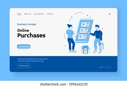 Online shopping in mobile application. People choosing products in web store. Marketing gifts for loyal customers. Electronic commerce with digital payment. Vector home page flat line template