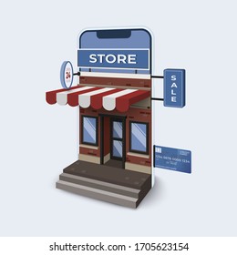 Compras en línea con aplicación móvil. Concepto de marketing digital de negocios. Ilustración del vector