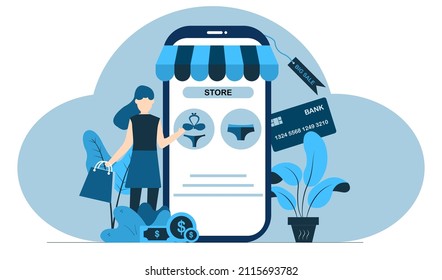 aplicación móvil de compras en línea, ilustración vectorial en tonos azules