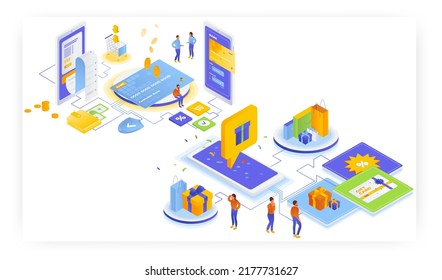 Online shopping, mobile banking, electronic payment with credit card. Gift card, coupon, discounts, vector illustration.
