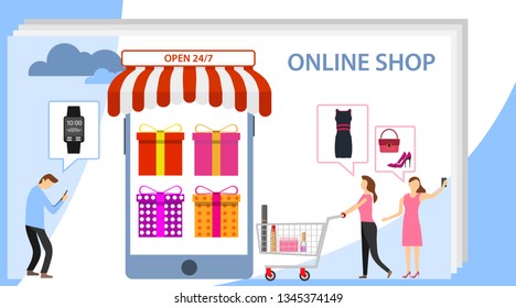 Online shopping and mobile commerce concept. Shopping online gradient background with shopping bag and cart . Shopping Online on Website or Mobile Application Vector Concept Marketing