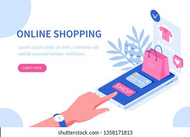 Online shopping and mobile commerce concept. Can use for web banner, infographics, hero images. Flat line isometric vector illustration.