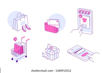 Online shopping and mobile commerce icons collection. Can use for web banner, infographics, hero images. Flat line isometric vector illustration.