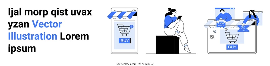 Online shopping with a mobile device and desktop computer. Ideal for e-commerce, web design, online shopping, technology, and digital marketing. Banner for landing page