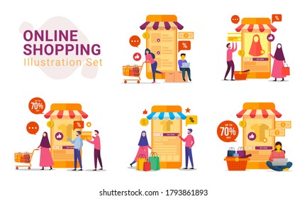 Online shopping with mobile device vector illustration set