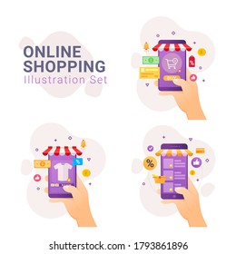 Online shopping with mobile device vector illustration set