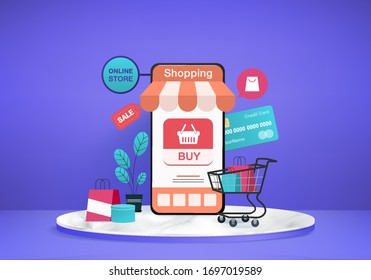 Concepto de compra en línea y comercio electrónico móvil con fondo azul podio, concepto de compra en línea con aplicación móvil. tarjeta de compra, infografía, imágenes de héroes. representación vectorial 3d de tienda en línea.