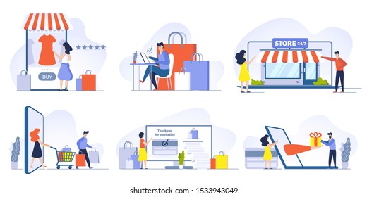 Online shopping, Mobile shopping, internet store and shop website on smartphone vector illustrations set. Buyers ordering and purchasing goods cartoon characters. E shopping and digital technology