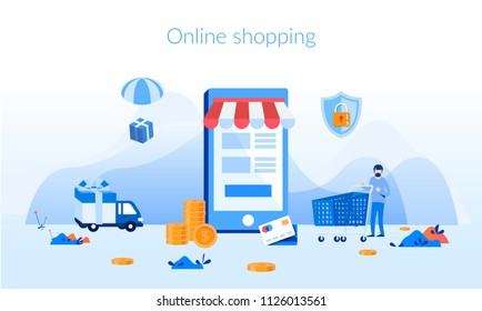 Online shopping, mobile marketing Concept for web page, banner, presentation, social media, documents, cards, posters. Vector illustration, M-Commerce, web and mobile phone services and apps, delivery