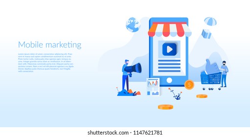 Online shopping, mobile marketing Concept for web page, banner, presentation, social media, documents, cards, posters. Vector illustration, M-Commerce, web and mobile phone services and apps