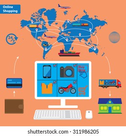 Online shopping and mobile marketing concept. Purchase and delivery. Vector illustration. Elements for design.