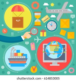 Online shopping, mobile marketing and digital marketing infographics template icons in circles design, web header E-commerce icons. Vector illustration.