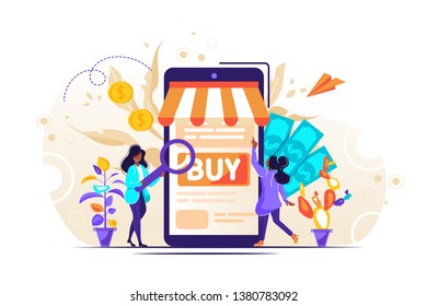 Online shopping, Mobile marketing and personalizing Concept for web page, banner, presentation, social media. Vector illustration, digital marketing, e-marketing, e-commerce, app store, buy, sale