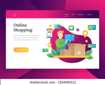 Online Shopping, Mobile Marketing And Purchase Concept. Modern Flat Design Illustration Concept Of Online Shopping. Landing Page With Man Or Customer Receiving Package Buying Goods At Internet Store