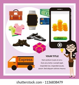 Online shopping and mobile payments concept, pressing pay button on a smartphone, E-commerce icons and delivery