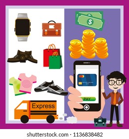 Online shopping and mobile payments concept, pressing pay button on a smartphone, E-commerce icons and delivery