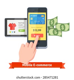 Online shopping and mobile payments concept. Human hand finger pressing pay button on a smartphone with running payment app and some cash flying out. Flat style vector icon.