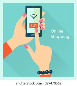 Online shopping and mobile payments concept. Human hand finger pressing buy button on a smartphone. Vector flat illustration