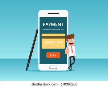 Online shopping and mobile payments concept. Businessman showing thumb up. Cartoon Vector Illustration.