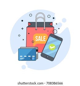 Online shopping, mobile payments. Flat line illustration for web and app.