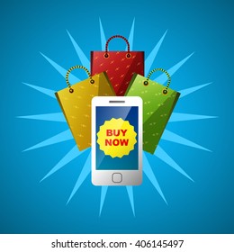 Online shopping with mobile phone application - colorful concept.