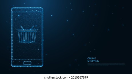 Online shopping. Mobile phone, shopping cart line connection. Low poly wireframe design. Abstract geometric background. vector illustration.