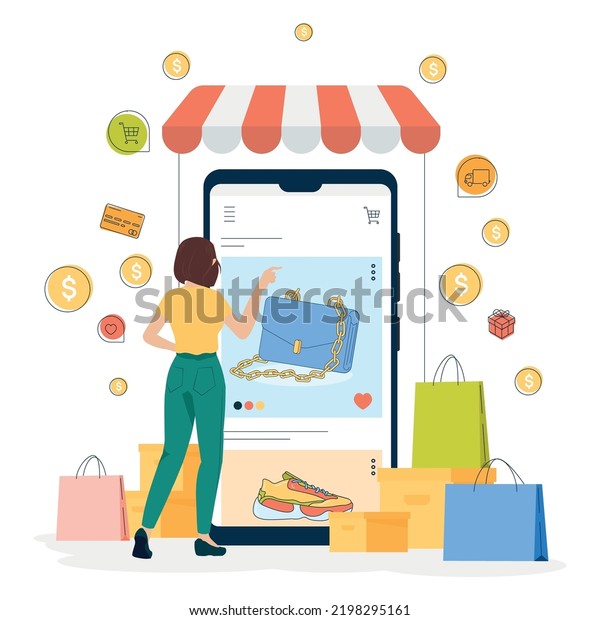 Online shopping at mobile phone. choose cloth for\
order. Coins, credit cards, delivery car, presents, bags and boxes\
around woman