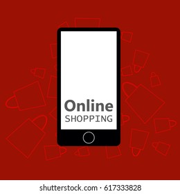 Online shopping, mobile phone, shopping with mobile phone, packaging for purchases, vector, products, business background, gifts, abstraction