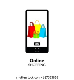 Online shopping, mobile phone, shopping with mobile phone, packaging for purchases, vector, products, business background, gifts, abstraction