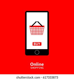 Online shopping, mobile phone, shopping with mobile phone, packaging for purchases, vector, products, business background, gifts, abstraction