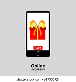 Online shopping, mobile phone, shopping with mobile phone, packaging for purchases, vector, products, business background, gifts, abstraction