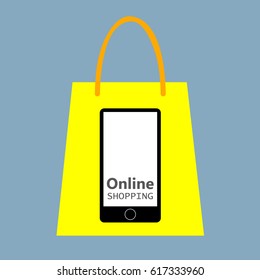 Online shopping, mobile phone, shopping with mobile phone, packaging for purchases, vector, products, business background, gifts, abstraction