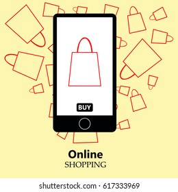 Online shopping, mobile phone, shopping with mobile phone, packaging for purchases, vector, products, business background, gifts, abstraction