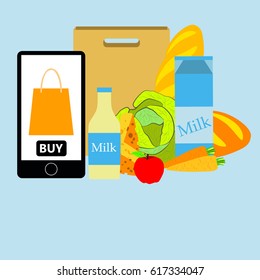 Online shopping, mobile phone, shopping with mobile phone, packaging for purchases, vector, products, business background, gifts, abstraction