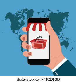 Online shopping with mobile phone, vector illustration