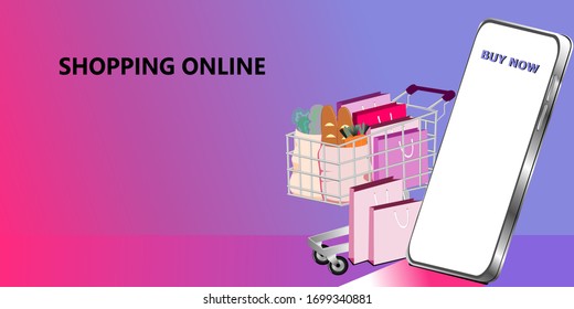 Online shopping, mobile phones and shopping carts with paper bags inside And many things with the gradient background.vector,illustrstion,eps.