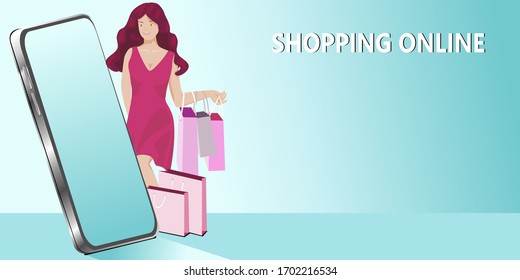 Online shopping, mobile phones and woman with paper bags and the gradient background.vector,illustrstion,eps.