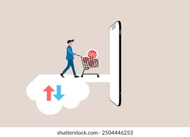 Online shopping or mobile shop app concept, Businessman pushing shopping cart trolley running from website or app on mobile smartphone. concept of Online shopping or mobile shopping app