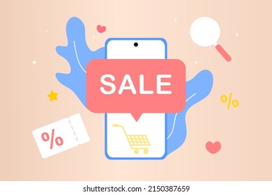 Online shopping in mobile smart phone. Big sale, special discount, social advertising. Mobile and digital marketing. Flat vector illustration for graphic element, sign, symbol. Modern minimalist style