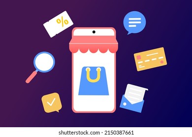 Online shopping in mobile smart phone. Big sale, special discount, social advertising. Mobile and digital marketing. Flat vector illustration for graphic element, sign, symbol. Modern minimalist style