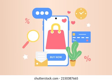 Online shopping in mobile smart phone. Big sale, special discount, social advertising. Mobile and digital marketing. Flat vector illustration for graphic element, sign, symbol. Modern minimalist style