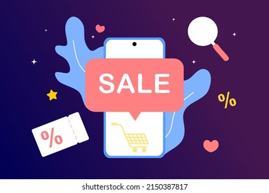 Online shopping in mobile smart phone. Big sale, special discount, social advertising. Mobile and digital marketing. Flat vector illustration for graphic element, sign, symbol. Modern minimalist style