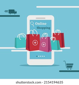 Online shopping. Mobile smart phone with shopping bags