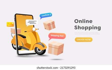 Online shopping mobile store. Motorcycle with 3d boxes shop service vector design. Fast order shipping background illustration