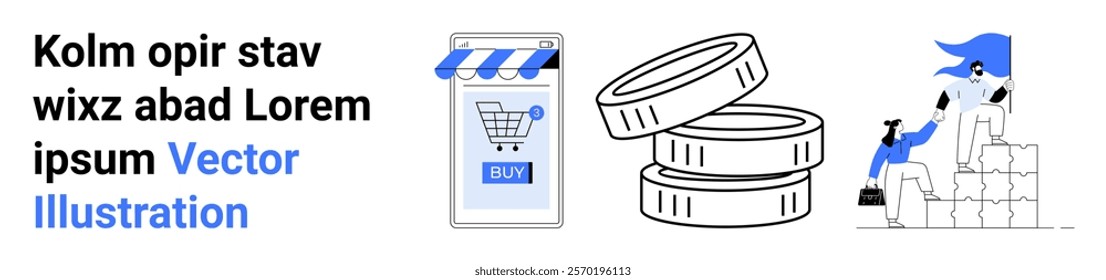 Online shopping with a mobile storefront, stacking coins representing money transactions, and a worker managing boxes. Ideal for e-commerce, logistics, online business, finance, and delivery. Banner