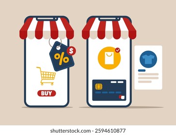 Online shopping, mobile website development. UI and UX design. Flat vector illustration